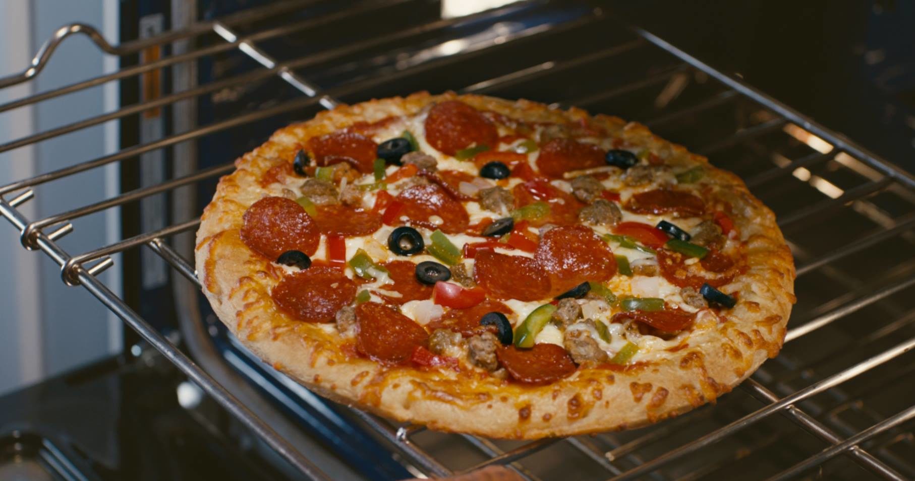 pizza in an oven