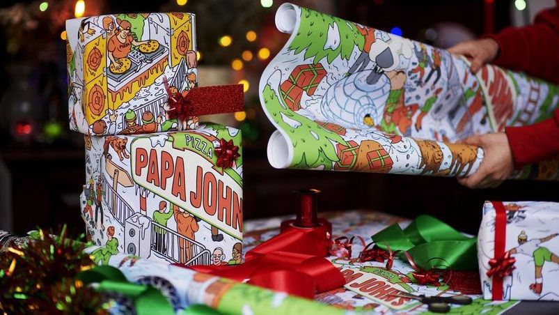 this photo shows pizza-scented wrapping paper from Papa John's