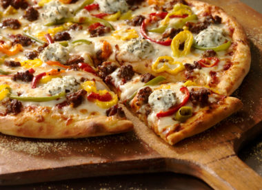photo of a Sicilian sausage and peppers pizza for a recipe from Grande Cheese