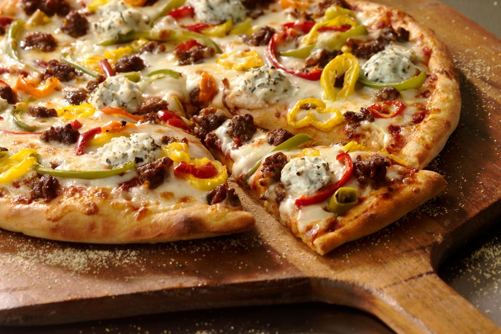 photo of a Sicilian sausage and peppers pizza for a recipe from Grande Cheese