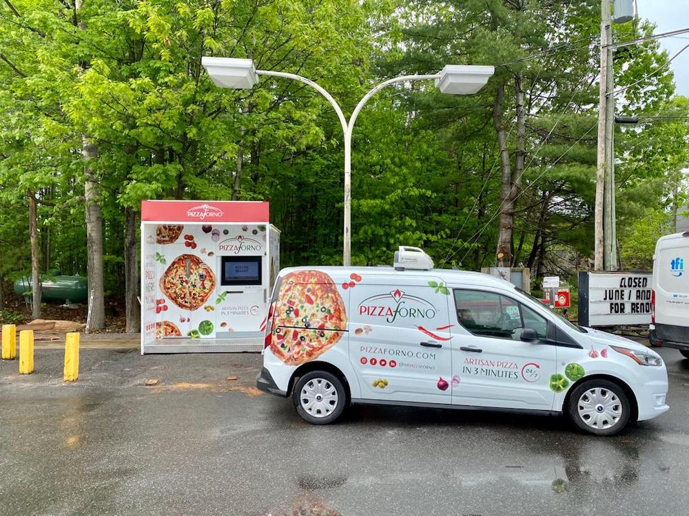 this photo shows a PizzaForno pizza vending machine unit in Port Carling, Canada