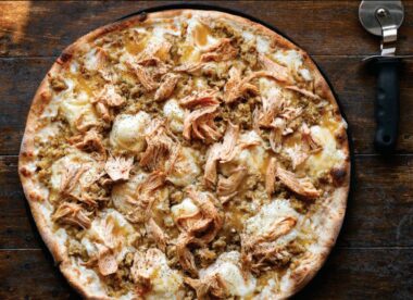 Fellini Pizzeria's Thanksgiving pizza is topped with turkey, mashed potatoes, stuffing and gravy.