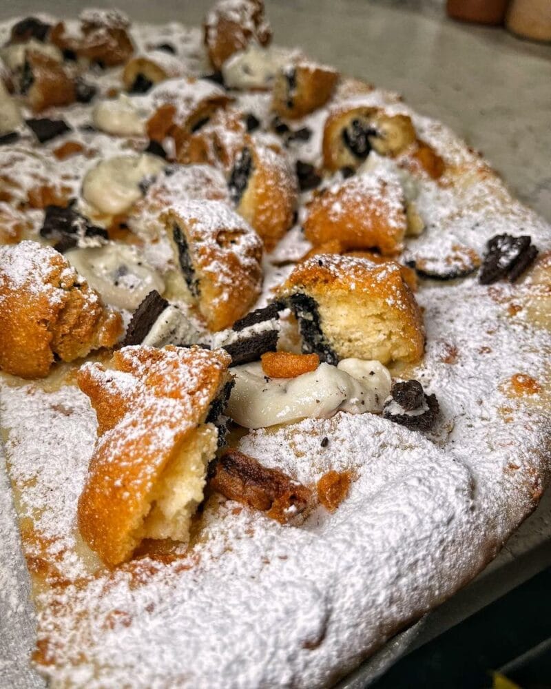 this is a mouthwatering photo of the Fried Oreo pizza at Krave It in Queens, New York