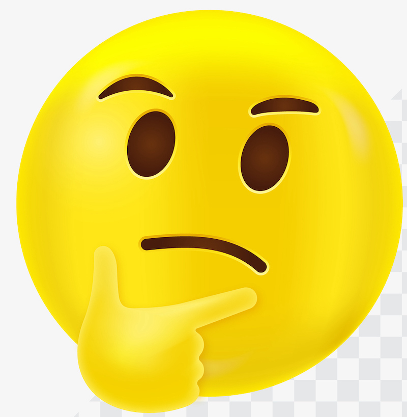 this shows a thinking emoji, a yellow face with black eyes, furrowed eyebrows, a slight frown, and a hand with the thumb and index finger touching the chin in a thoughtful pose