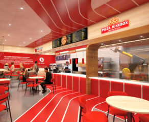 This artist's rendering, in a red and white color palette, shows a huge robotic arm on the Pizza Jukebox side and a yogurt maker and customers on the Red Mango side.