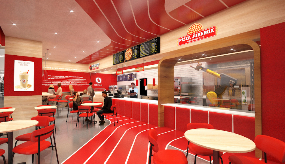 This artist's rendering, in a red and white color palette, shows a huge robotic arm on the Pizza Jukebox side and a yogurt maker and customers on the Red Mango side.