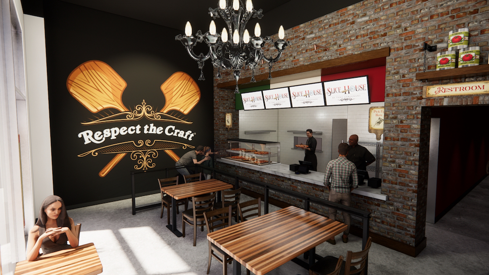 this shows an artist's rendering of the Slice House concept with a man and a child peering through a glass display case of slices, a young woman sitting alone at a table and on the side wall, an image of two large wooden pizza paddles and the words Respect the Craft