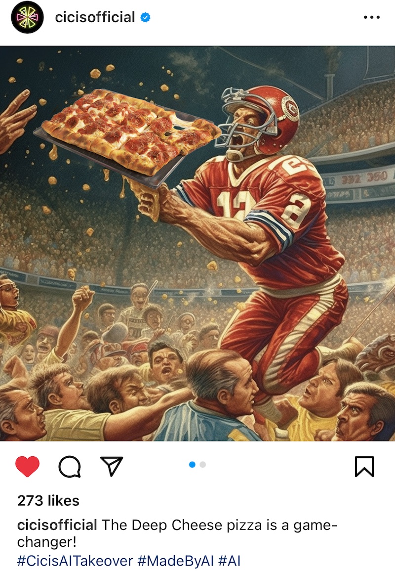 This is a screenshot of another AI-generated post showing a football player in a red uniform with white numbers leaping above a crowd of men in a stadium, sort of holding a pizza in his hands with his mouth wide open for a bite.