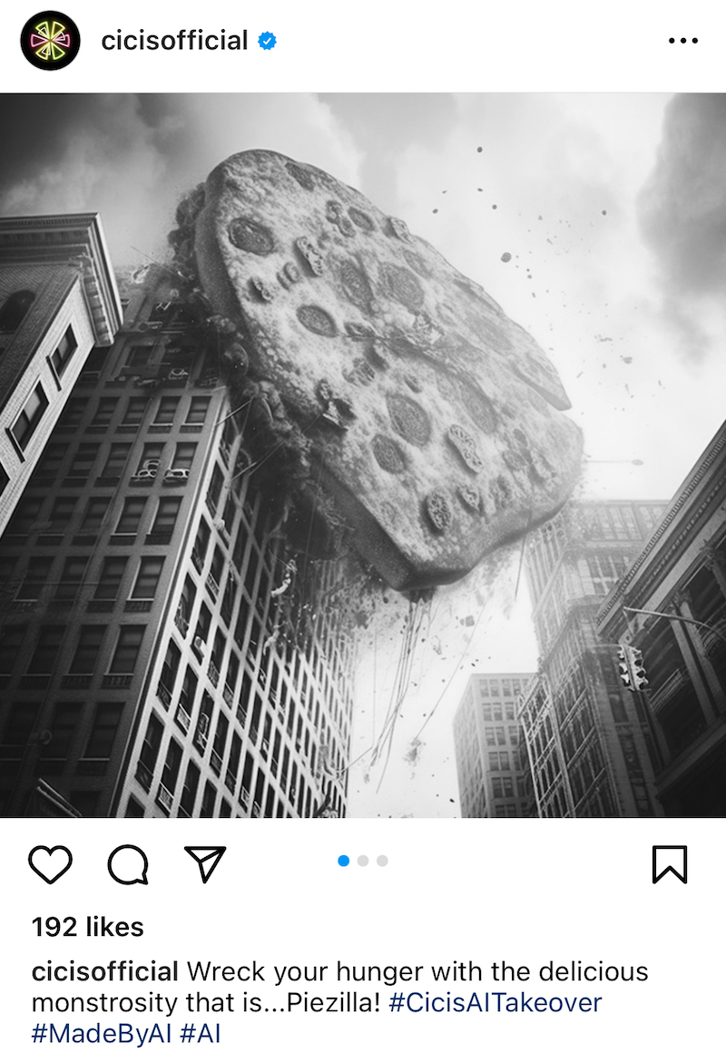 This is a screenshot of another AI-generated post, showing a gigantic pizza - the Piezilla - tumbling over the side of a skyscraper.