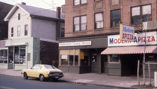 This is a vintage photo of the exterior of Modern Apizza's storefront.