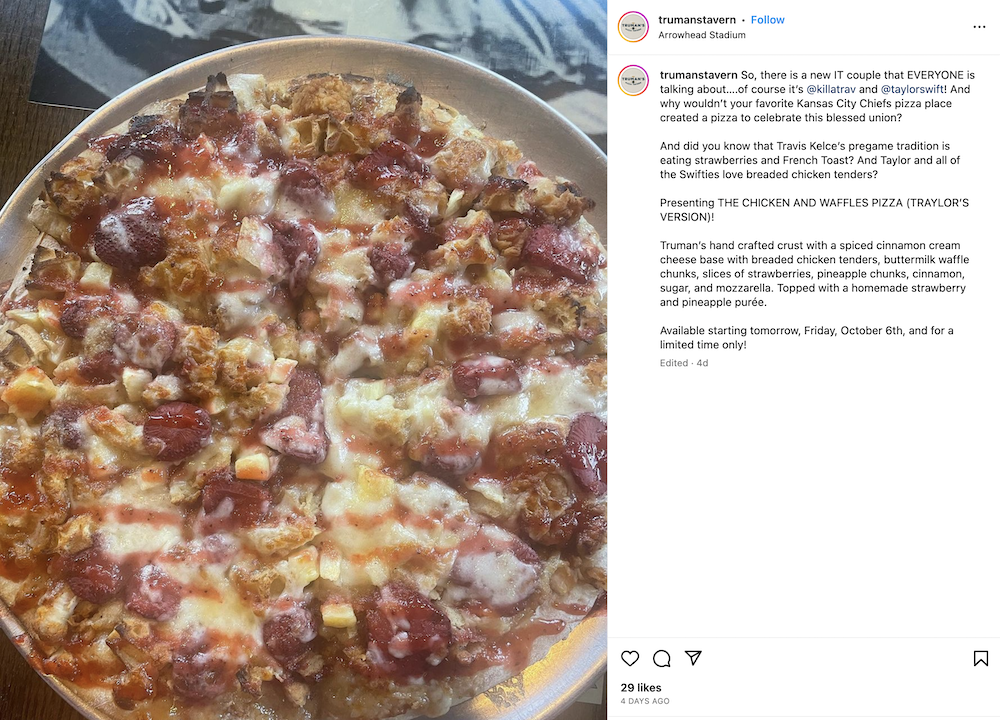 An Instagram post from Truman's KC Pizza Tavern in Des Moines, Iowa, that pays tribute to their new pizza celebrating Taylor Swift and Travis Kelce's relationship.