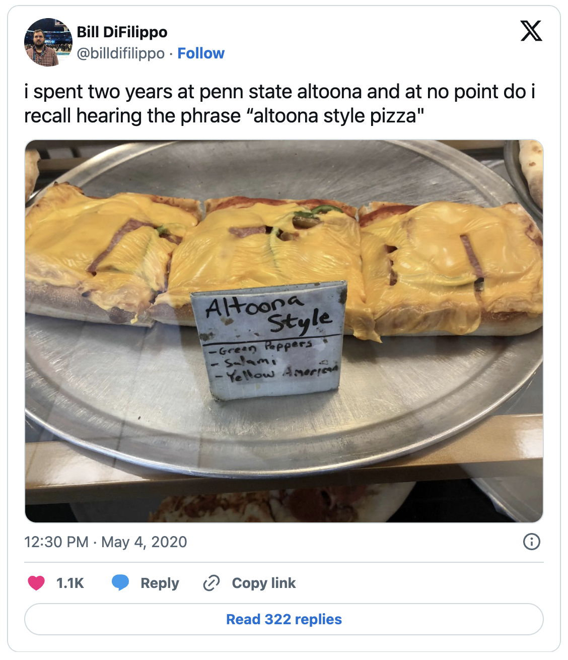 A tweet that reads: “I spent two years at penn state altoona and at no point do I recall hearing the phrase ‘altoona style pizza.’” A photo accompanies the tweet.