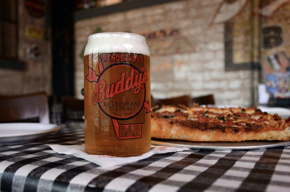 A beer and pizza from Buddy's Pizza in Detroit.