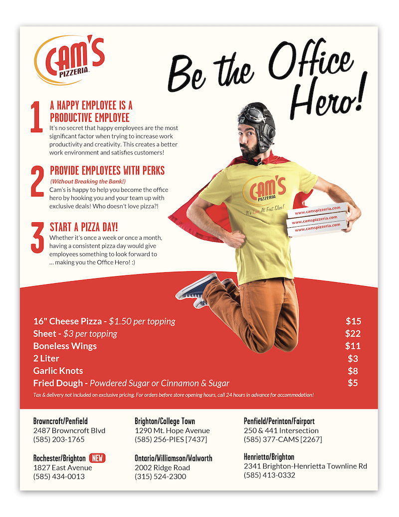 This is a graphic advertising jobs at Cam's, with a man in a yellow Cam's shirt and a red cape jumping in the air, one hand on his hip and the other holding a pizza box. The main caption reads Be the Office Hero.