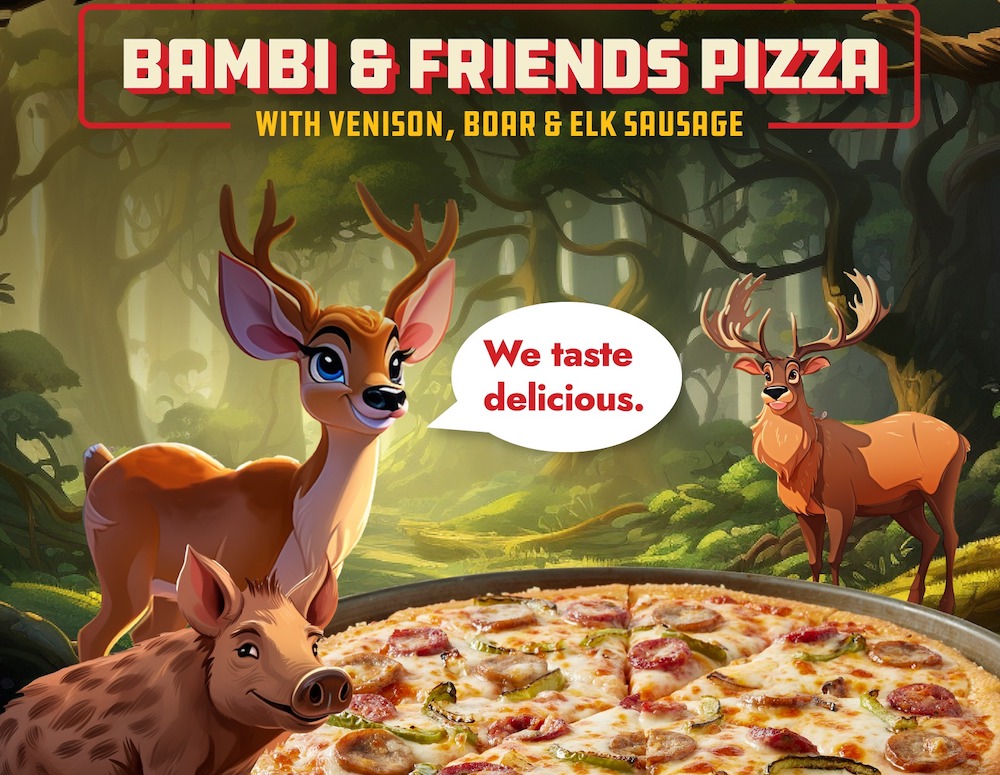 This photo shows a social media graphic with a header that reads, Bambi & Friends pizza, and depicts Bambi, a wild pig and an elk.