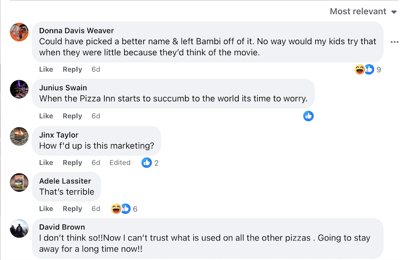 This is a screenshot of various negative Facebook comments about the Bambi pizza