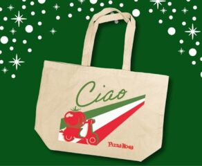 This photo shows the Pizza Nova tote bag, with the word Ciao engraved on it, and a Christmas-time theme.