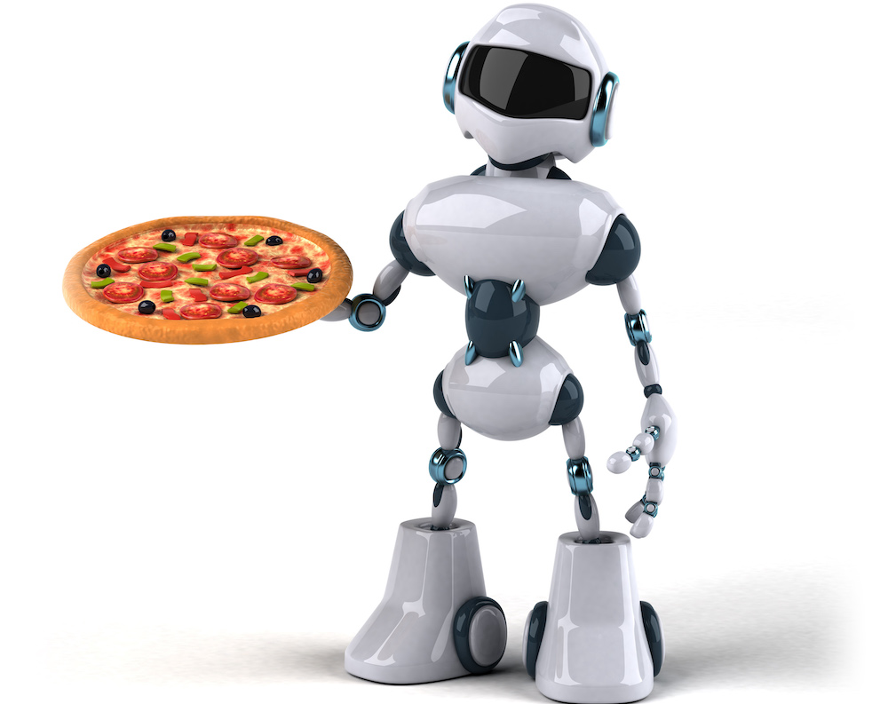 This photo shows a silver human-like robot with a head, torso, arms and legs holding a pizza.