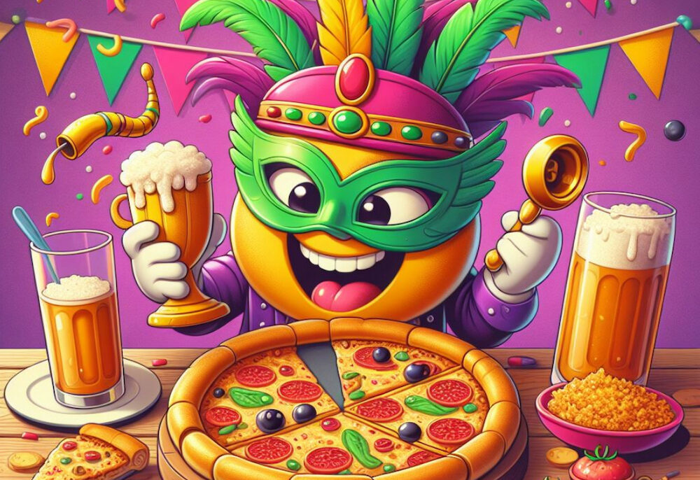 This is a colorful illustration of an Uno's Pizzeria character wearing a green and yellow Mardi Gras mask, drinking beer and staring at a pizza with mouth wide open.