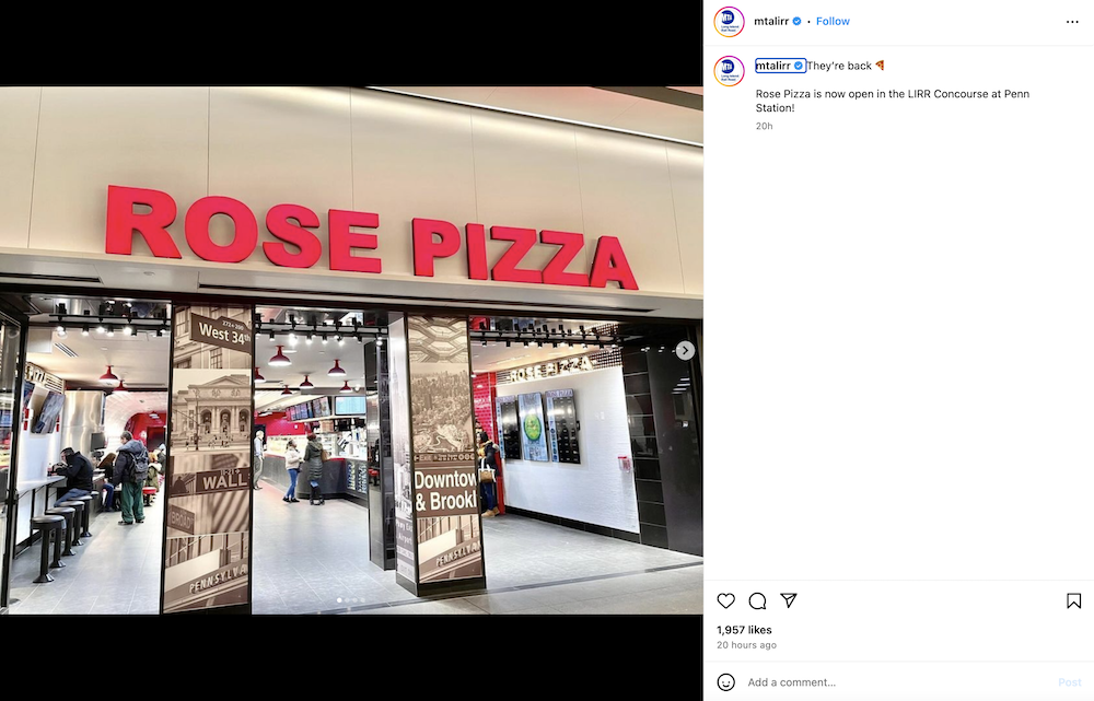 a social media post from MTA in New York announcing that Rose Pizza was back in action.