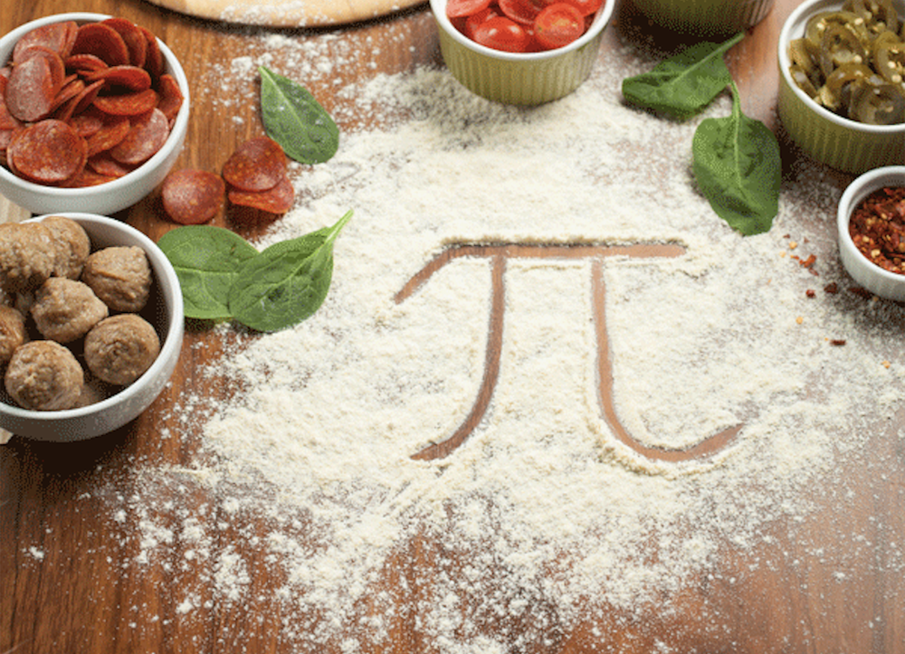 A "pi" symbol (as in the math term) is dusted into flour, surrounded by pizza ingredients.