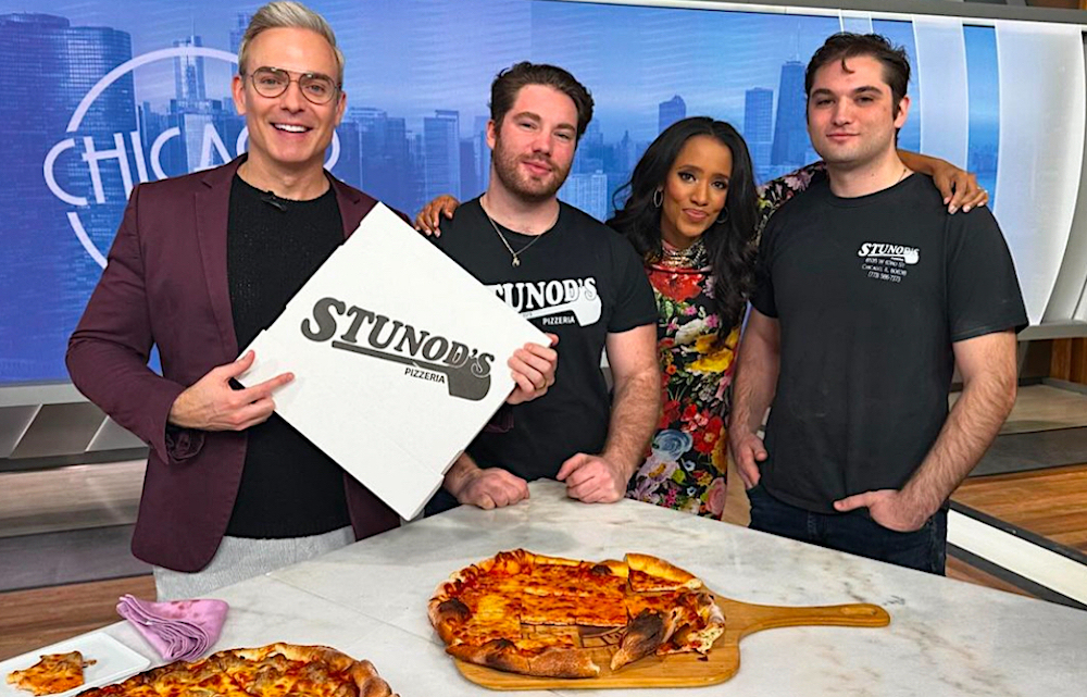 This photo shows Frank and Austin Battaglia on set with the hosts of Chicago Today.