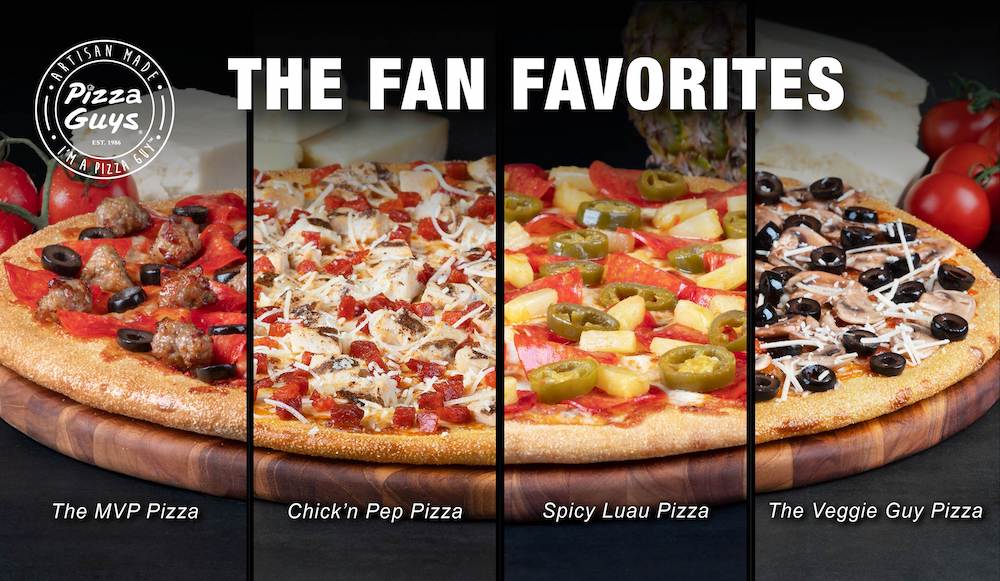 This photo is a composite showing all four specialty fan-favorite pizzas from Pizza Guys.