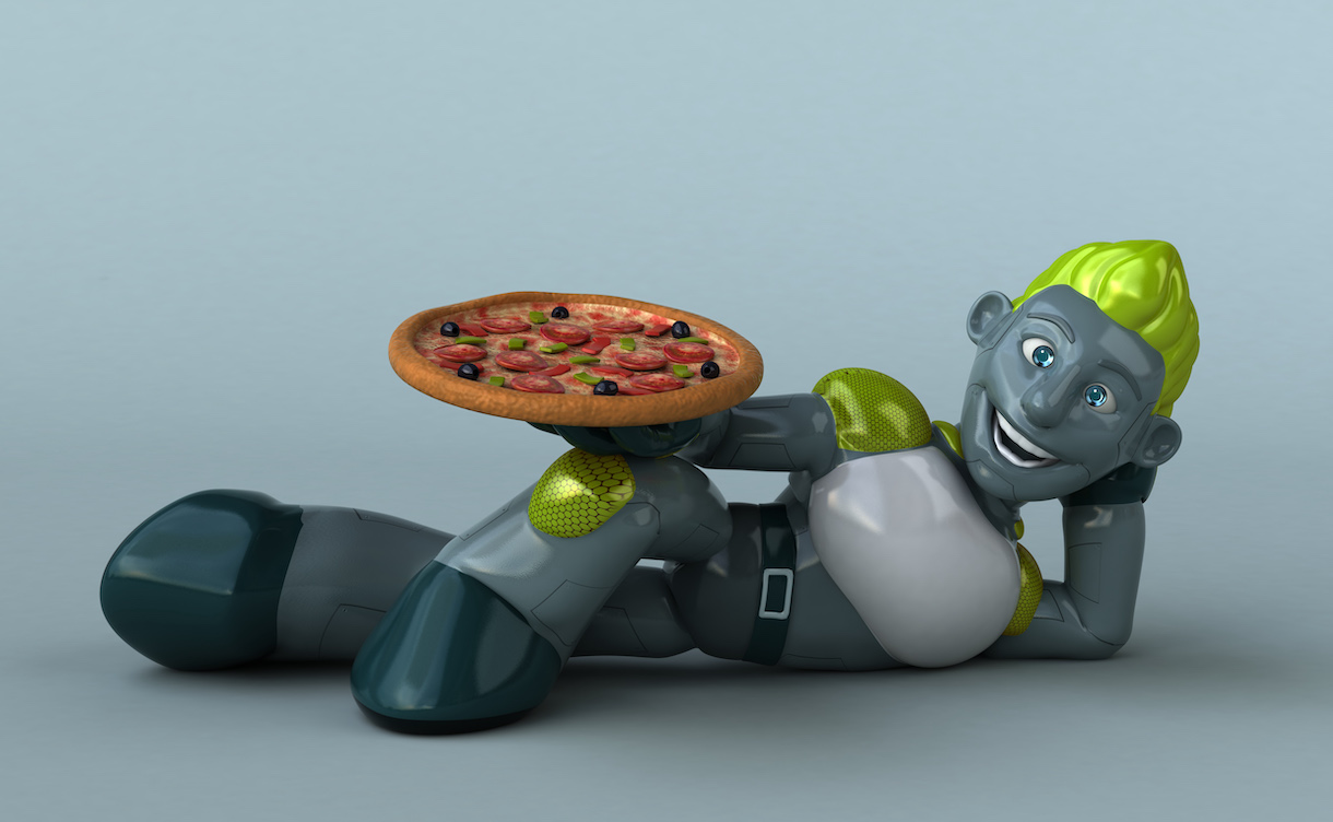 This photo illustration shows a smiling gray male robot with green hair reclining, with a pizza in one hand and its head propped on its other hand.