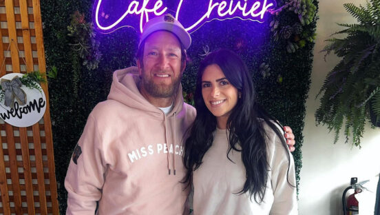 This photo shows Dave Portnoy with an arm around Brittany Crevier as they pose in front of Cafe Crevier.
