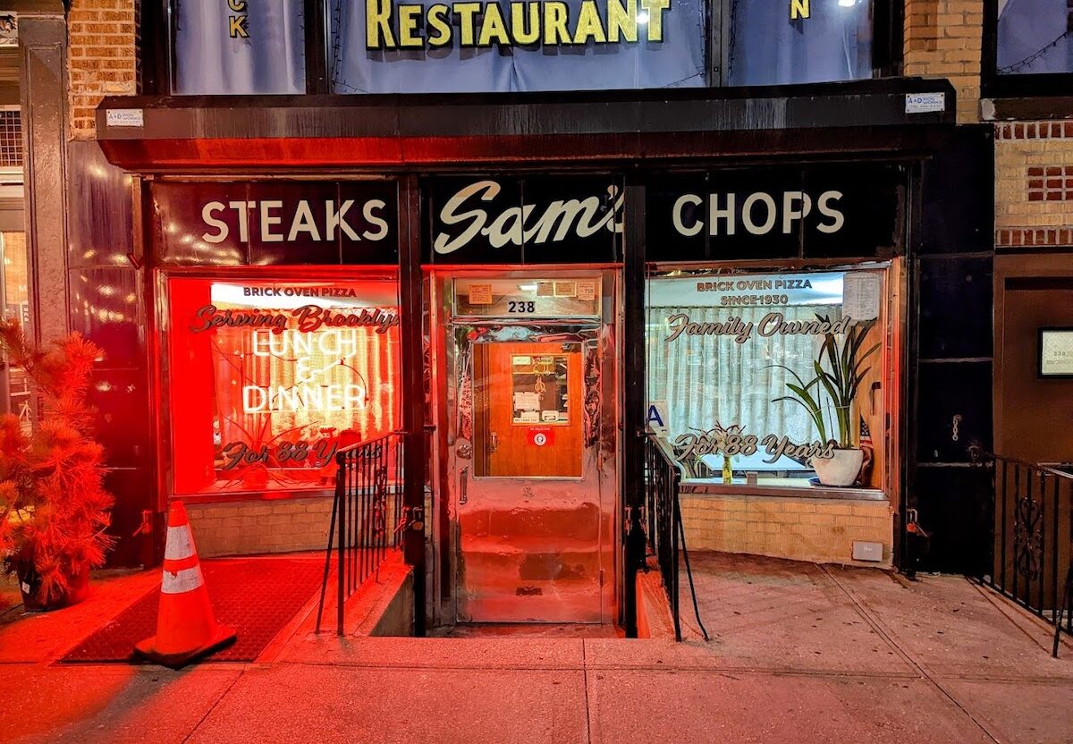 The outside of Sam's Restaurant, a pizza restaurant that has been open since the 1930's in the Cobble Hill neighborhood of Brooklyn.