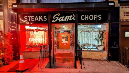 The outside of Sam's Restaurant, a pizza restaurant that has been open since the 1930's in the Cobble Hill neighborhood of Brooklyn.