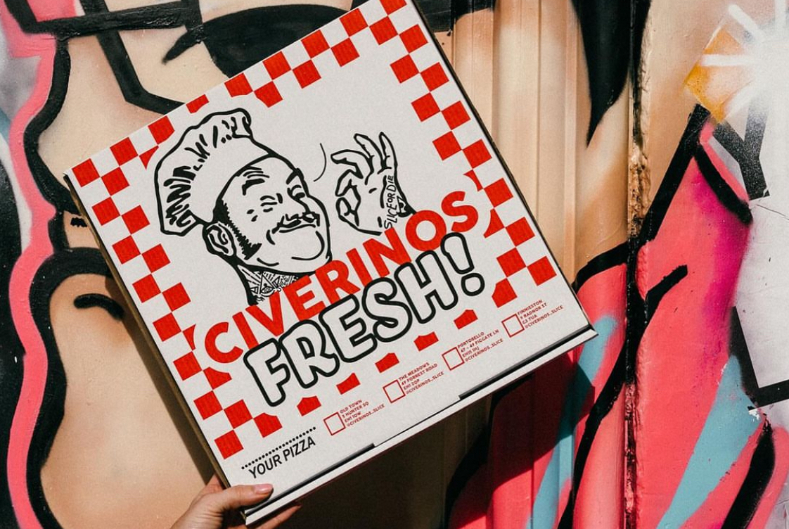 This photo shows a pizza box from Civerinos.