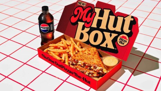 This photo shows the My Hut Pizza Box with a Cheeseburger Melt and French fries.