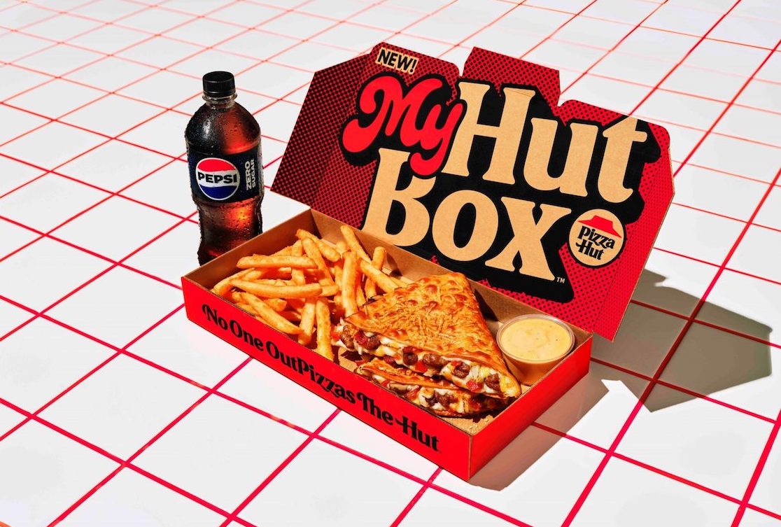 This photo shows the My Hut Pizza Box with a Cheeseburger Melt and French fries.