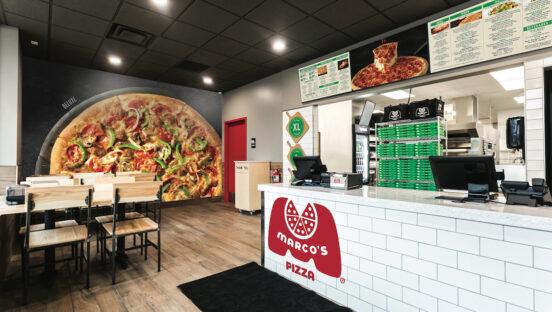 This photo shows the interior of a Marco's Pizza restaurant.