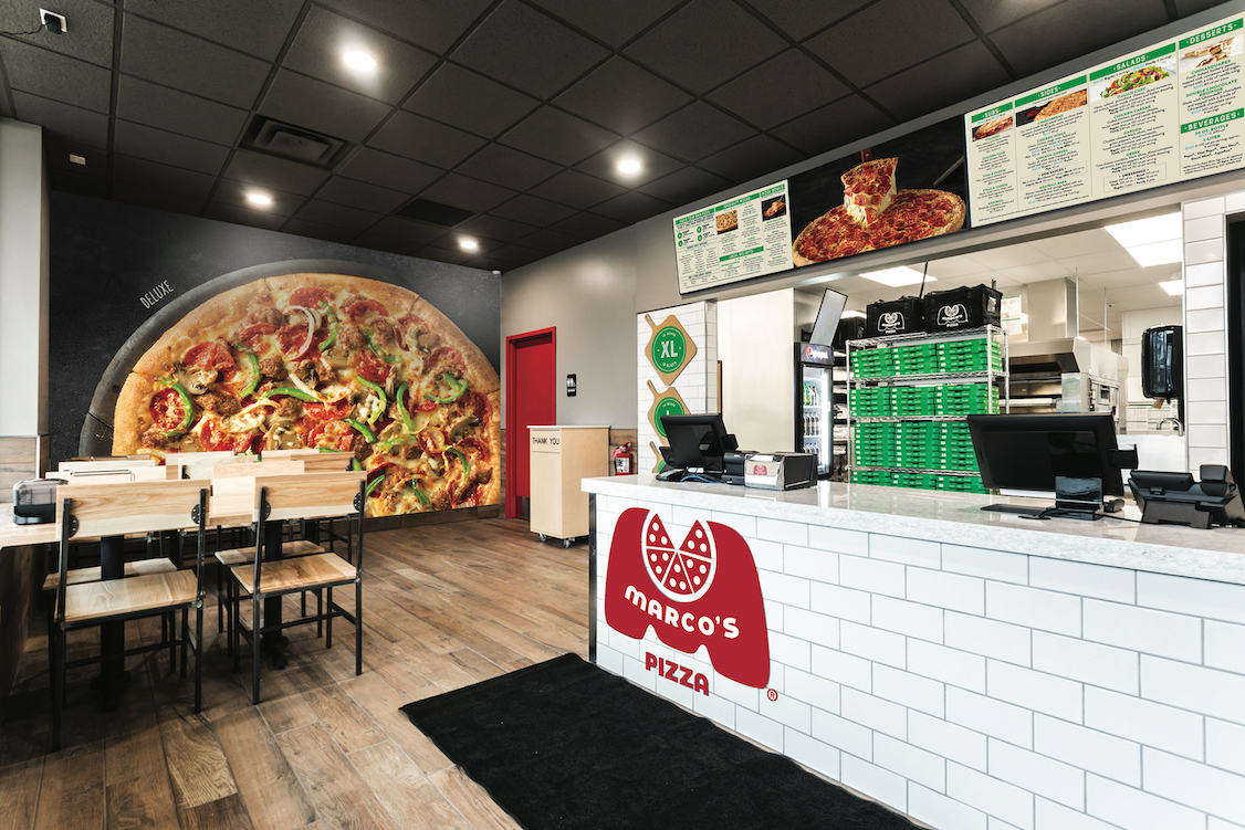 This photo shows the interior of a Marco's Pizza restaurant.