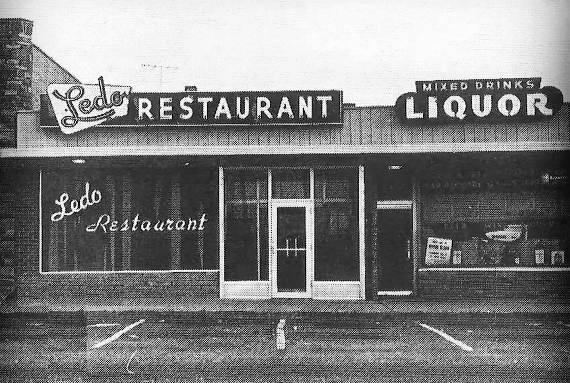 This old black-and-white photo shows the original Ledo Pizza restaurant in the 1950s.