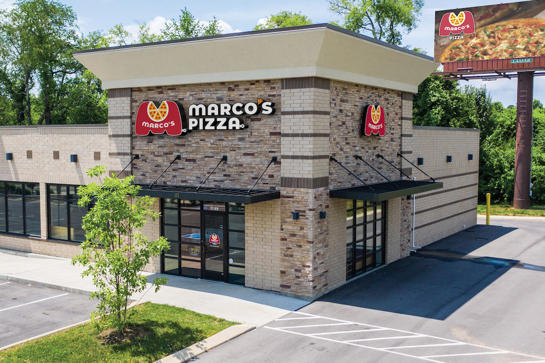 This photo shows the exterior of a Marco's Pizza restaurant in the daytime.