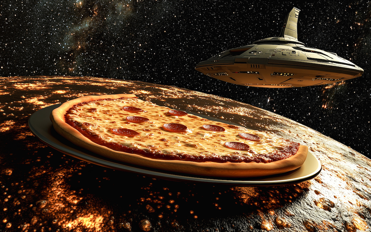 This AI-generated image shows a pizza floating on a distant moon with a spaceship approaching it.