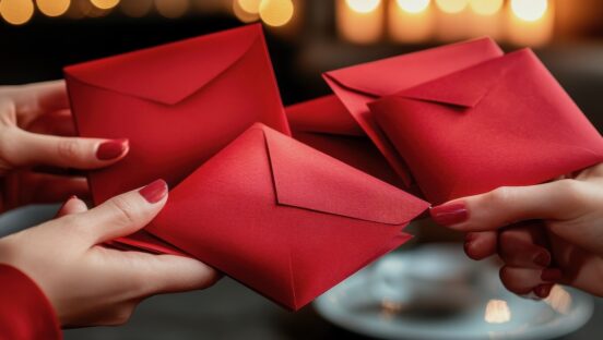 Group of people exchanging red envelopes in a warm, inviting setting.