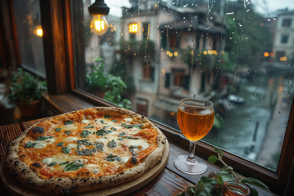 This photo shows a beautiful cheese pizza and a glass of wine on a table next to a window that offers a view to a rainy day outside.