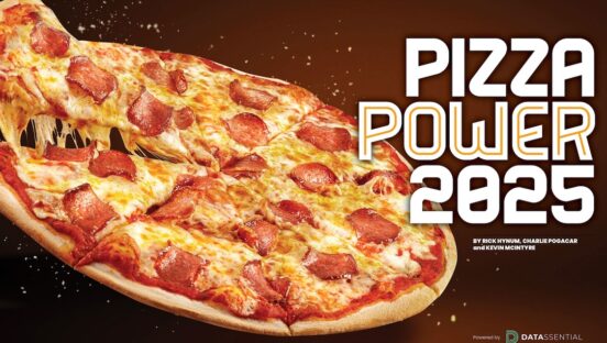 This photo shows a beautiful pizza topped with pepperoni and Canadian bacon, with a single slice pulling out from the whole pie.