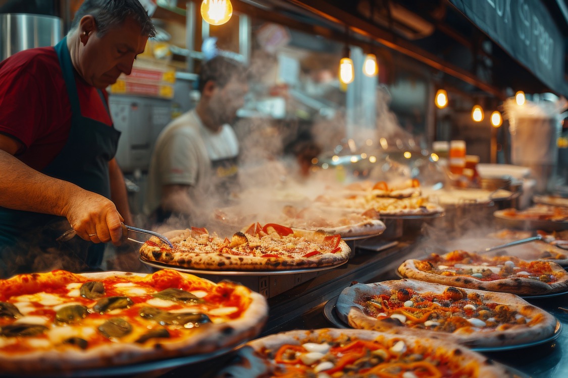 This photo shows a busy pizzeria scene with chefs preparing and serving freshly baked pizzas in a vibrant, steam-filled kitchen at night.