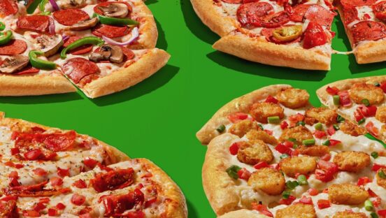 This photo shows the selection of various vegan pizzas at Toppers.