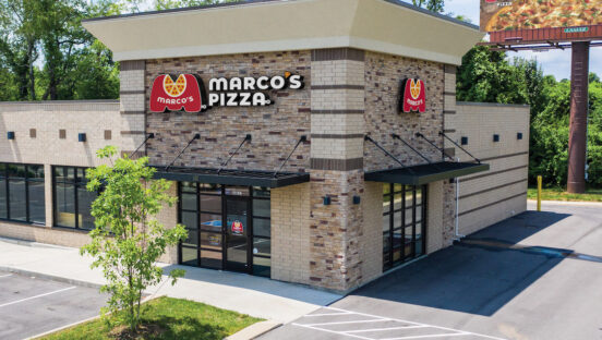 This photo shows the exterior of a Marco's Pizza store on a bright sunny day.