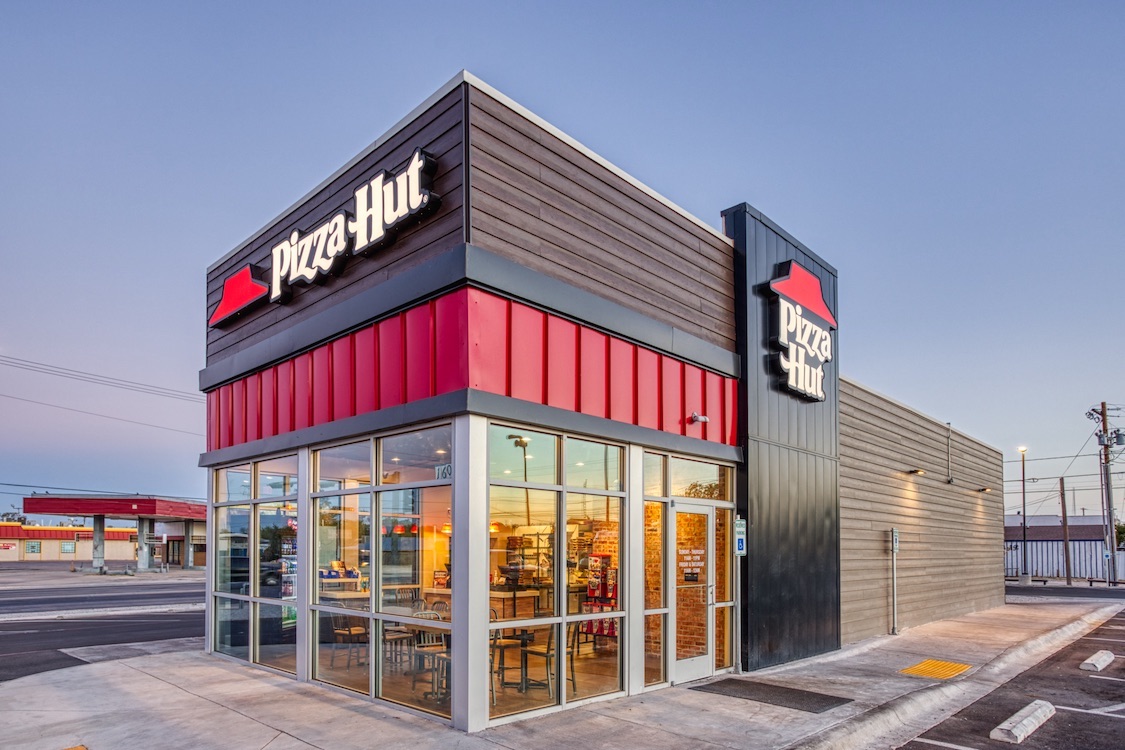 This photo shows the exterior of a Pizza Hut location.