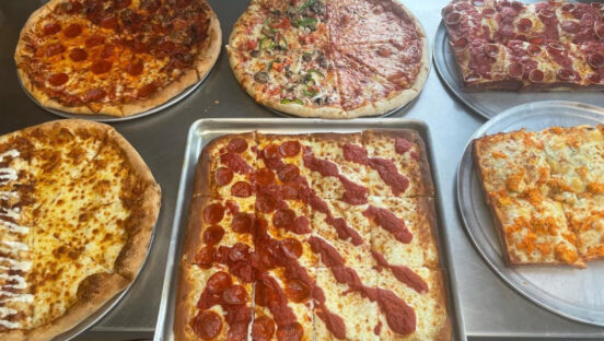 This photo shows a variety of pizzas from Taylors' Pizza House.