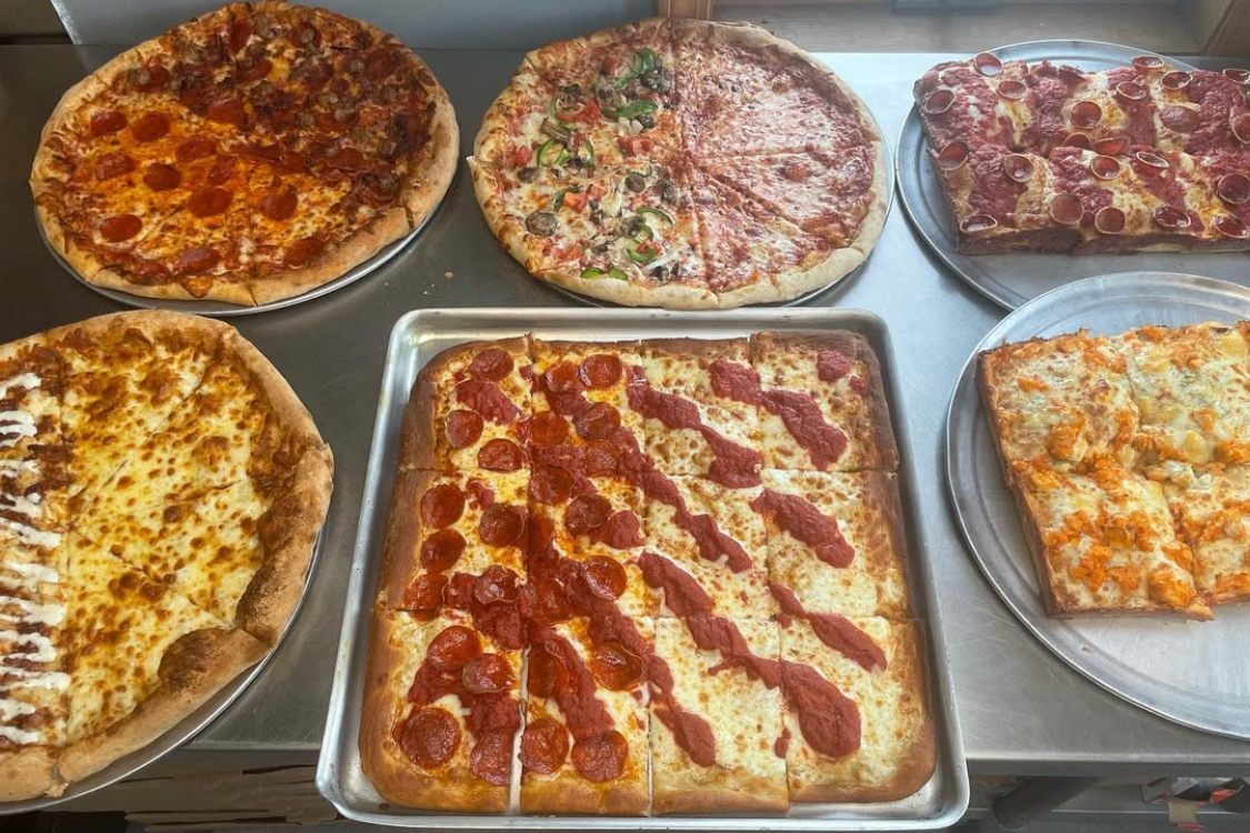This photo shows a variety of pizzas from Taylors' Pizza House.