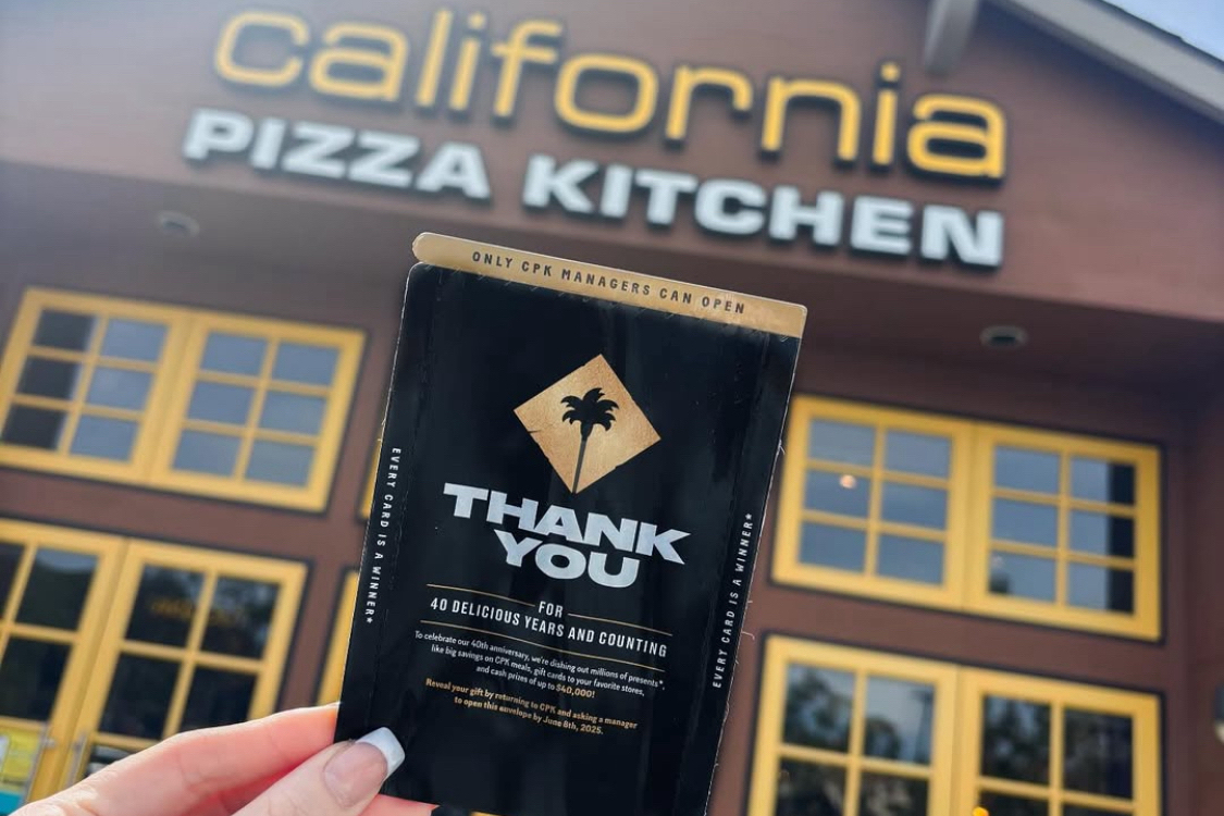 This photo shows CPK's thank-you card, which offers various prizes when it's opened on the next visit to the restaurant.
