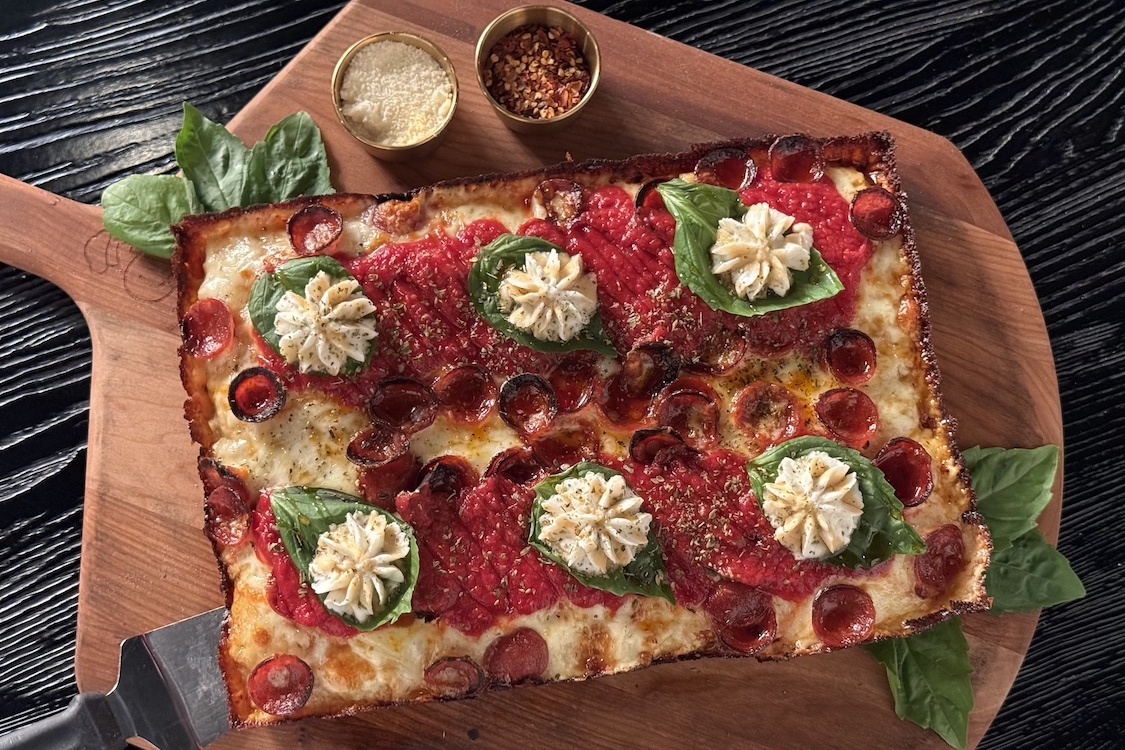 This photo shows the Poppin' Pepperoni pizza, a Detroit-style pie, from Tievoli Pizza Bar.